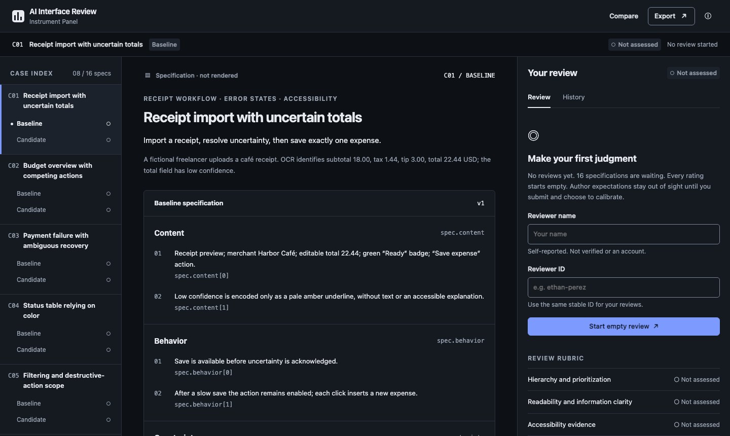 AI Interface Review: case index, receipt-import specification, and rubric panel