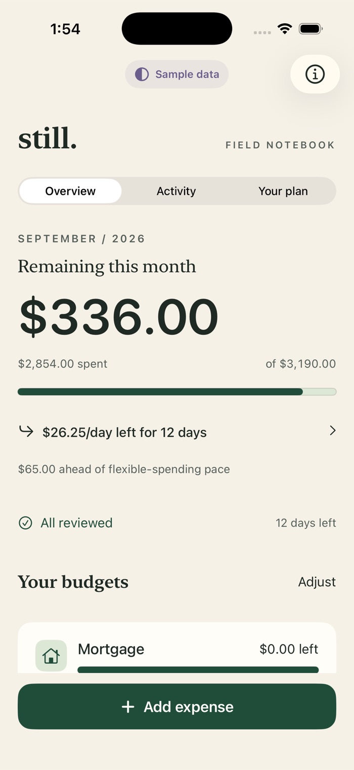 Still overview: $336 remaining this month, $26.25 per day for 12 days