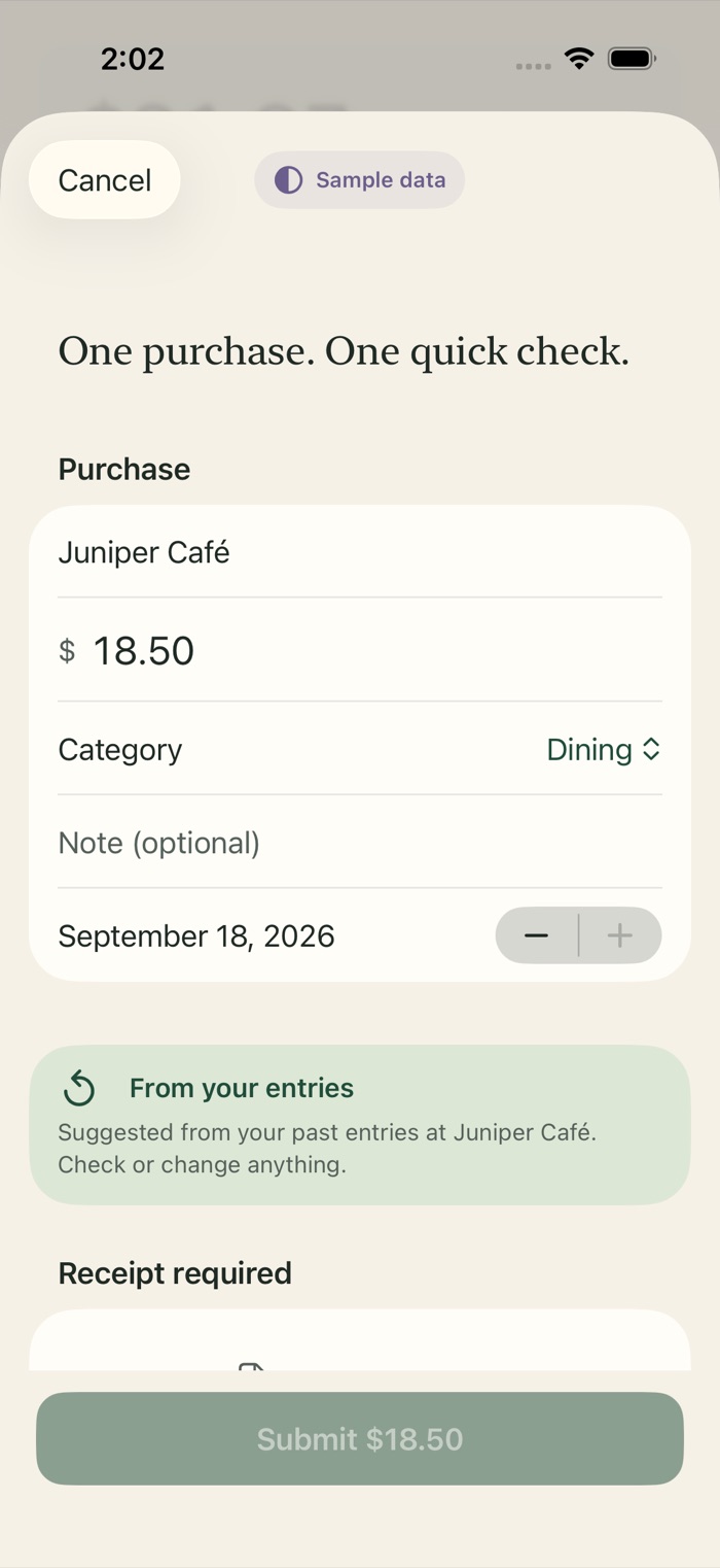 Still new purchase form with category suggested from past entries